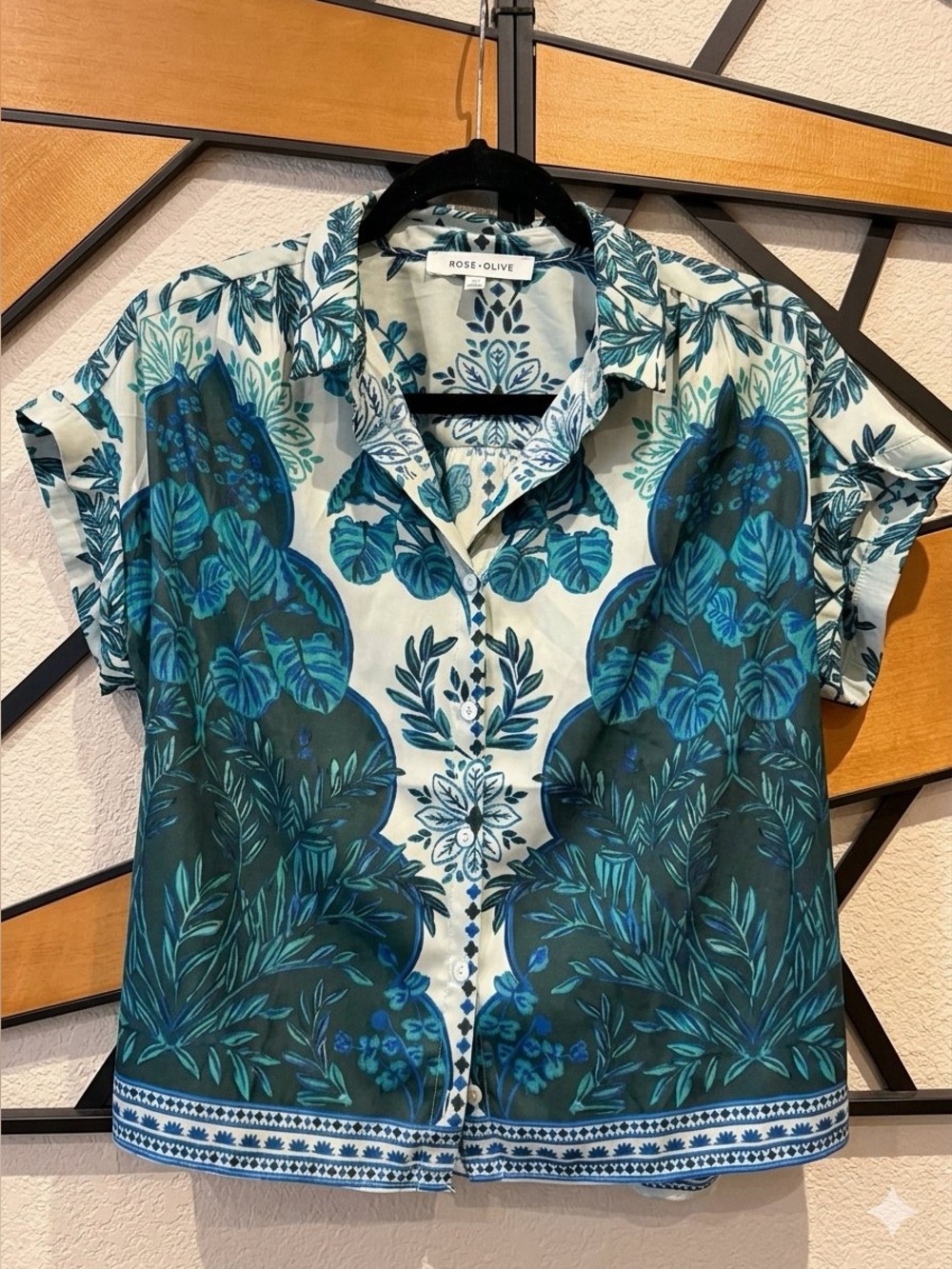 Rose & Olive Teal and White Botanical Short-Sleeve Button-Down Shirt